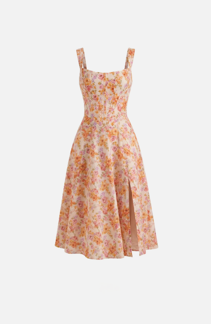 Sundress Floral Print Corset Bodice Side Slit Midi