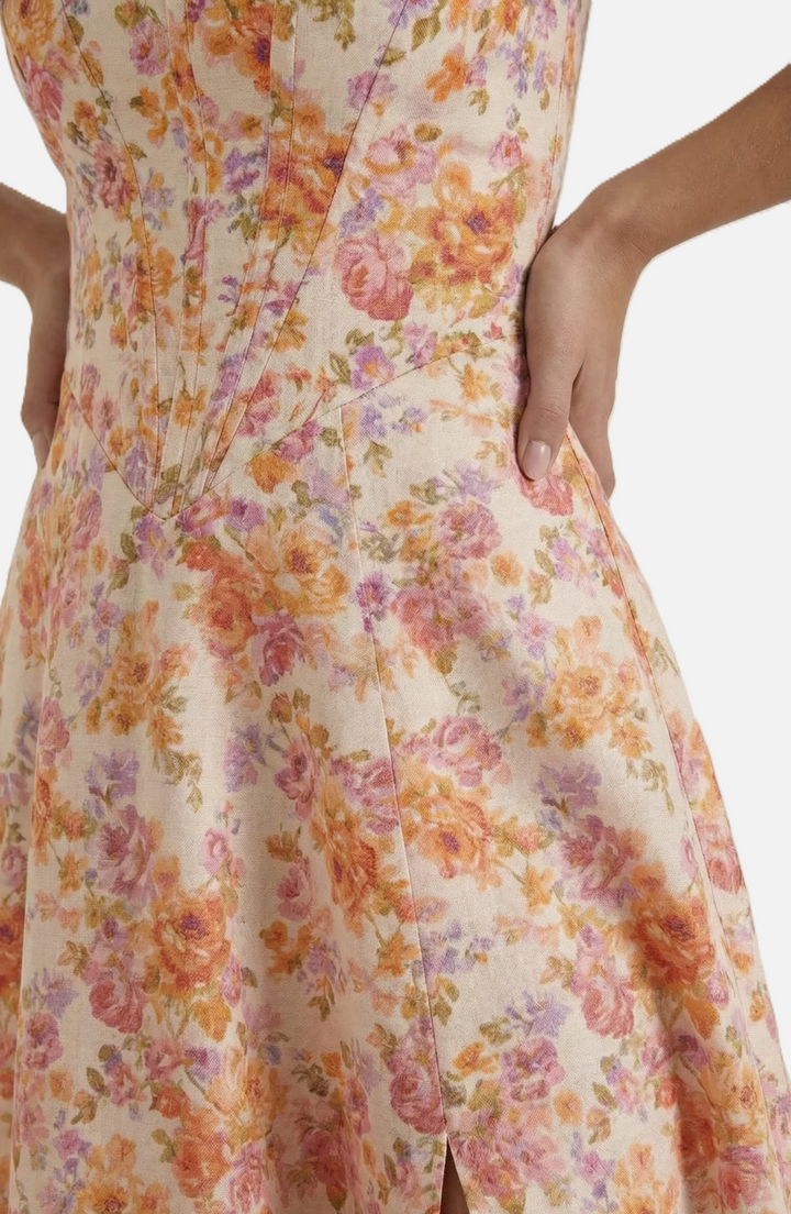 Sundress Floral Print Corset Bodice Side Slit Midi