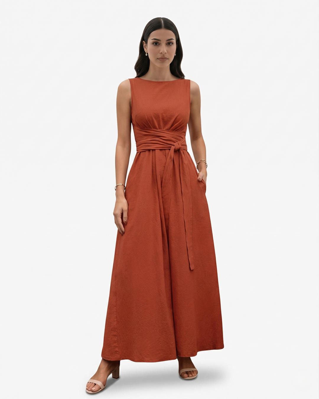 Sleeveless Maxi Dress Crew Neck Tie Waist A Line Dress with Pockets