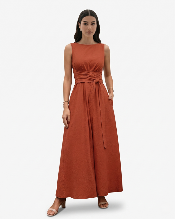 Sleeveless Maxi Dress Crew Neck Tie Waist A Line Dress with Pockets