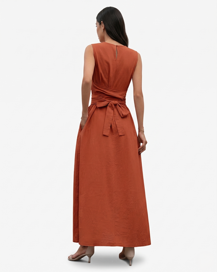Sleeveless Maxi Dress Crew Neck Tie Waist A Line Dress with Pockets