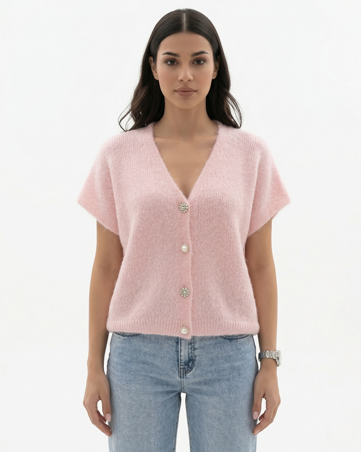 V Neck Button Front Knit Cardigan Top Cap Sleeve