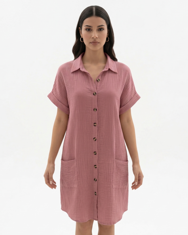 Button Down Shirt Dress Collared Rolled Cuff Sleeve with Pockets