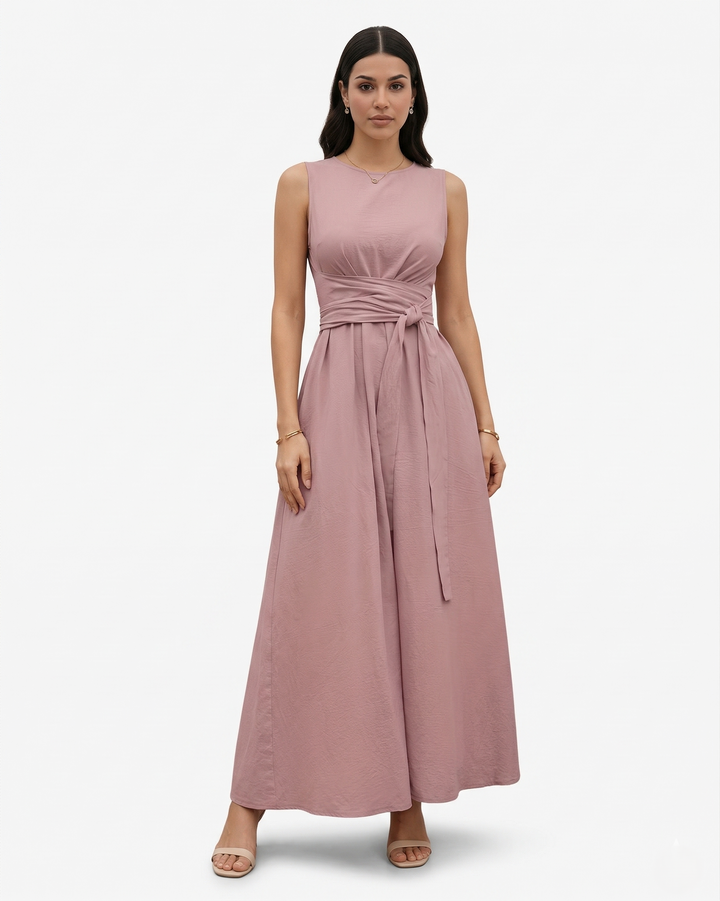 Sleeveless Maxi Dress Crew Neck Tie Waist A Line Dress with Pockets