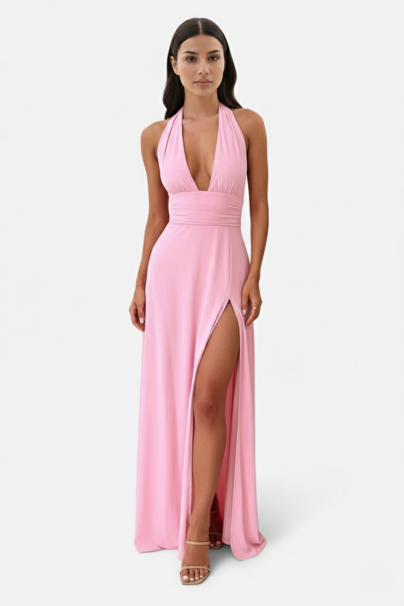 Halter V-Neck Cross Back Bow Tie High Thigh Slit Maxi Dress