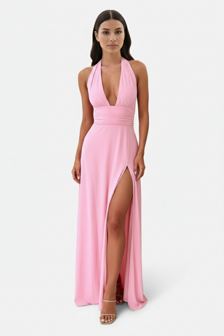 Halter V-Neck Cross Back Bow Tie High Thigh Slit Maxi Dress