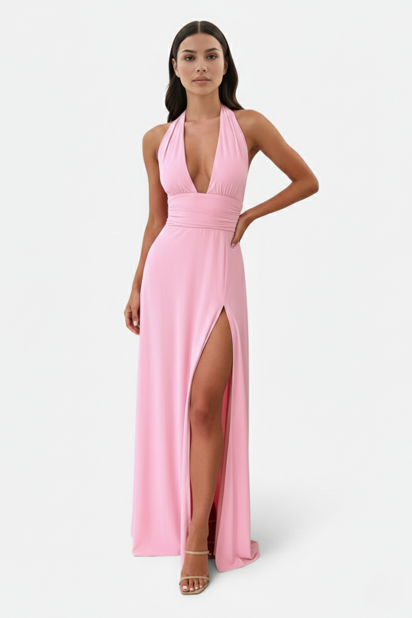 Halter V-Neck Cross Back Bow Tie High Thigh Slit Maxi Dress