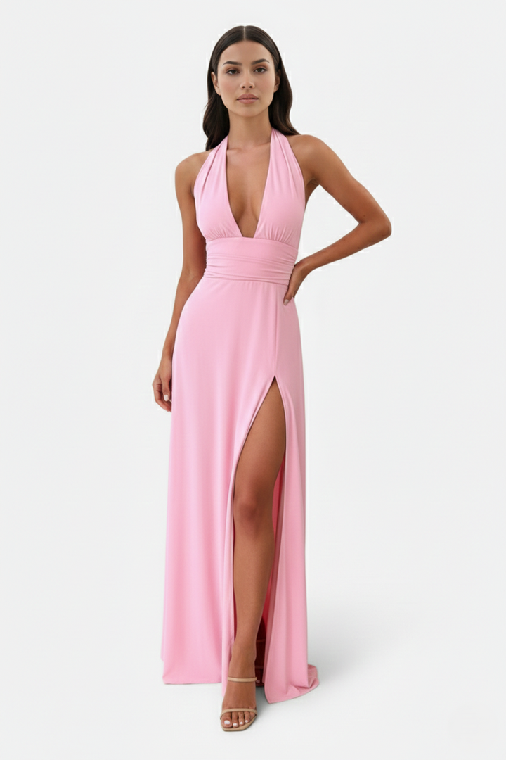 Halter V-Neck Cross Back Bow Tie High Thigh Slit Maxi Dress
