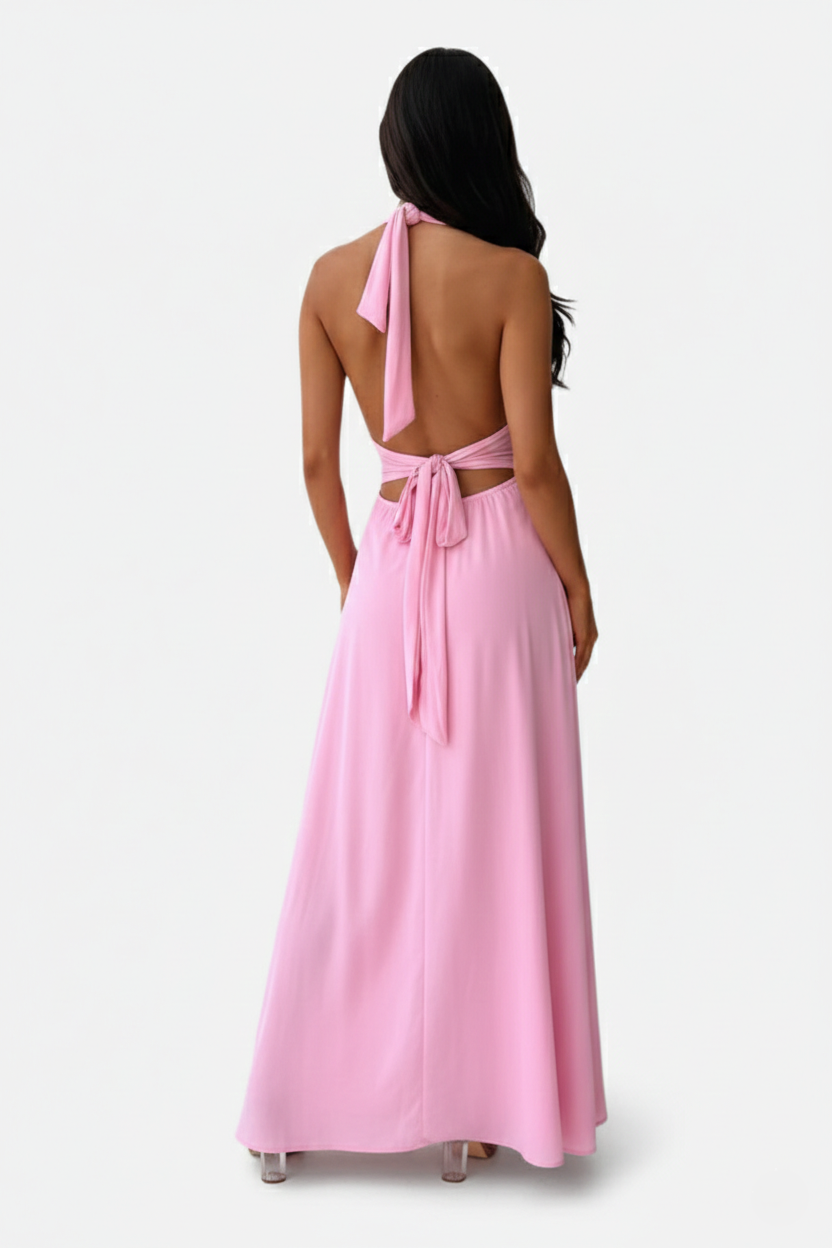 Halter V-Neck Cross Back Bow Tie High Thigh Slit Maxi Dress