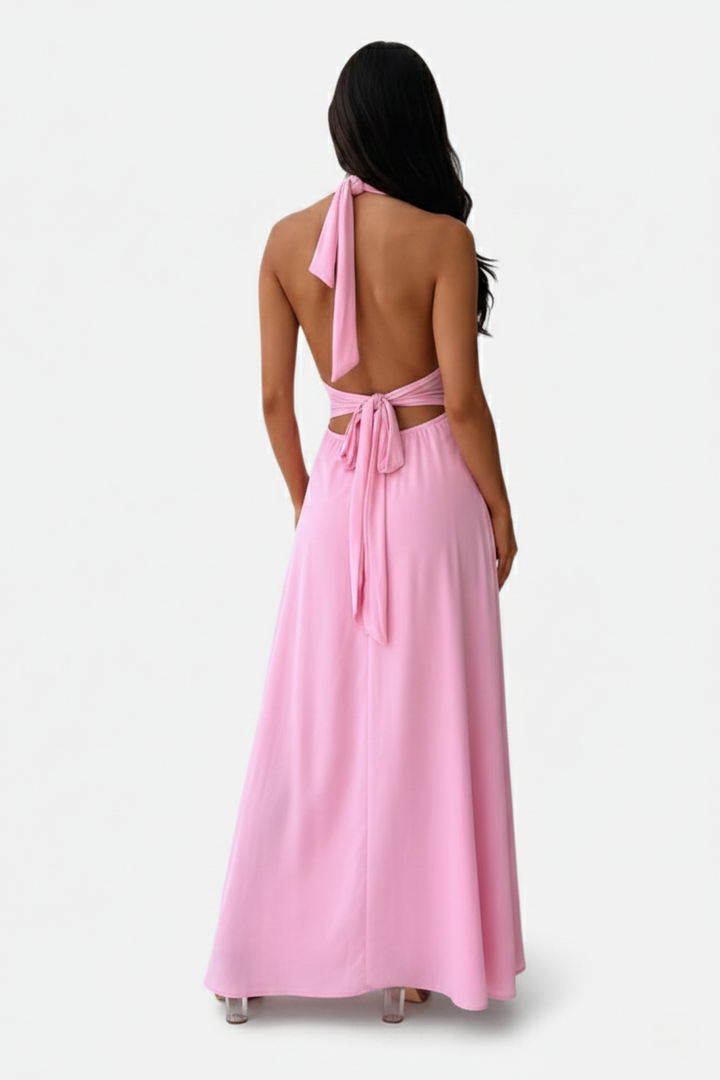 Halter V-Neck Cross Back Bow Tie High Thigh Slit Maxi Dress