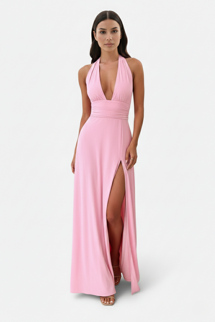 Halter V-Neck Cross Back Bow Tie High Thigh Slit Maxi Dress