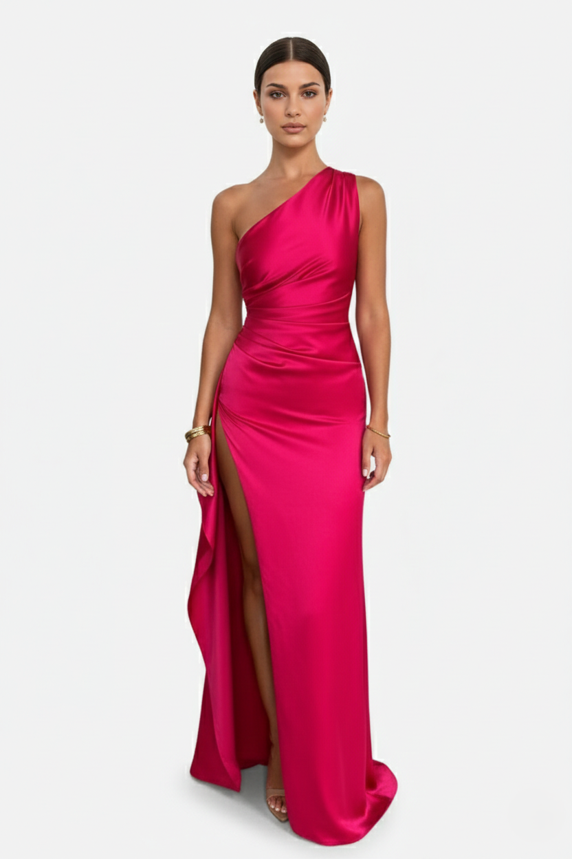 Satin One-Shoulder Maxi Dress High Side Slit