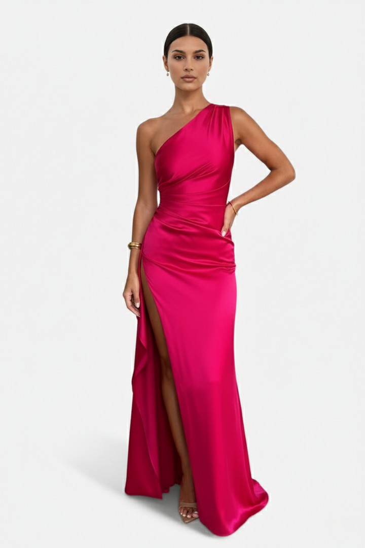 Satin One-Shoulder Maxi Dress High Side Slit
