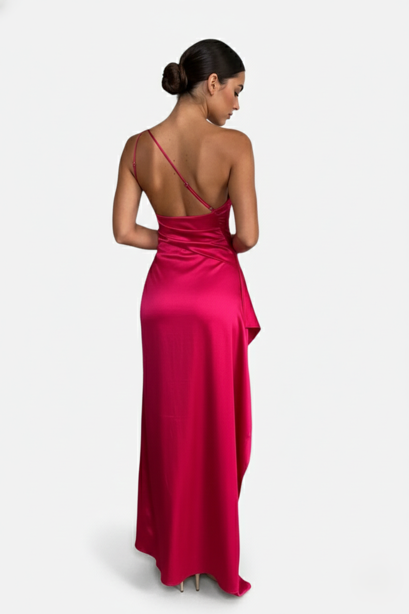 Satin One-Shoulder Maxi Dress High Side Slit