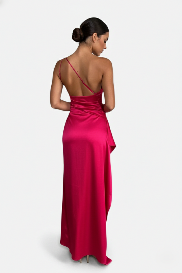 Satin One-Shoulder Maxi Dress High Side Slit