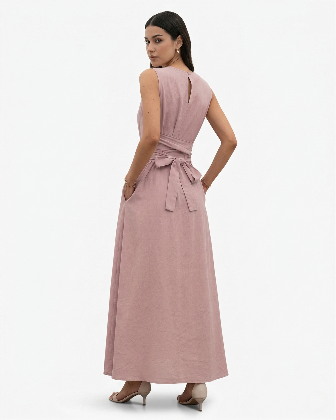 Sleeveless Maxi Dress Crew Neck Tie Waist A Line Dress with Pockets