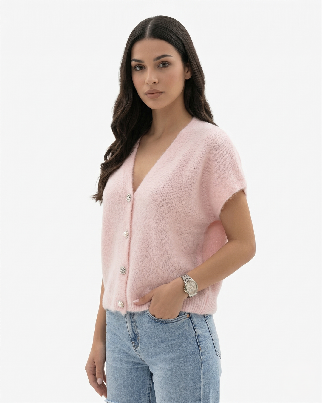 V Neck Button Front Knit Cardigan Top Cap Sleeve