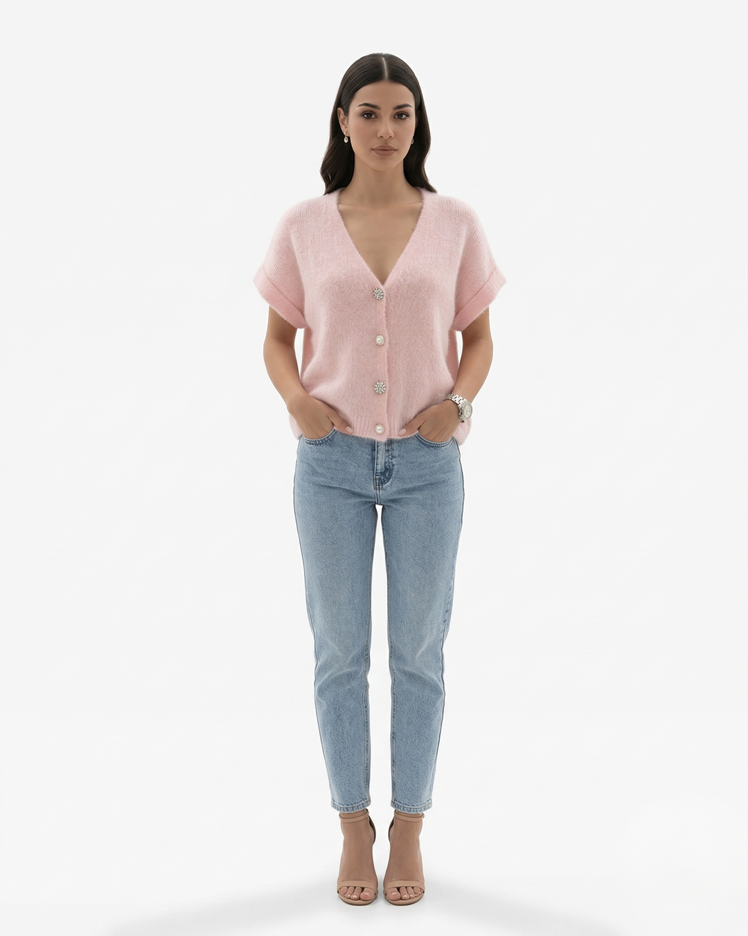V Neck Button Front Knit Cardigan Top Cap Sleeve