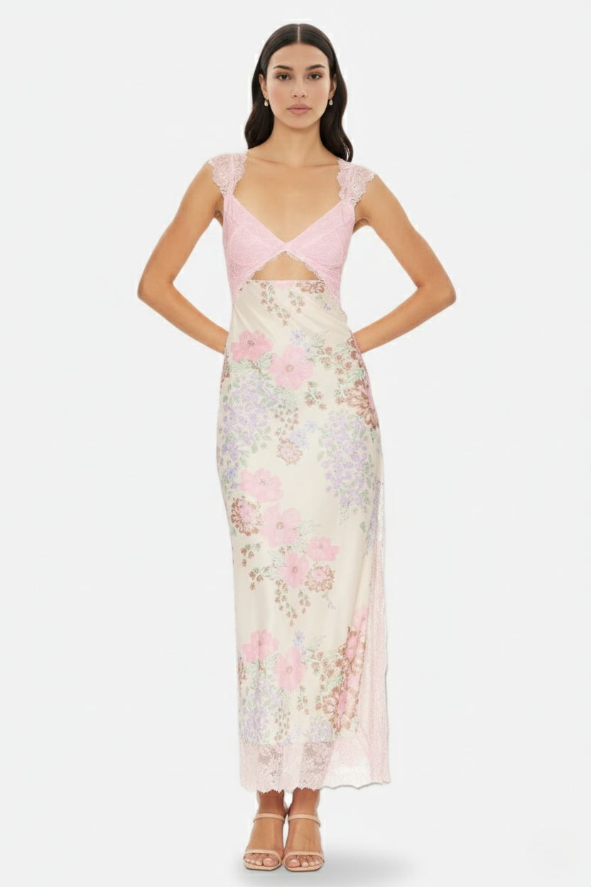 Floral Lace Trim Slip Maxi Dress Side Slit