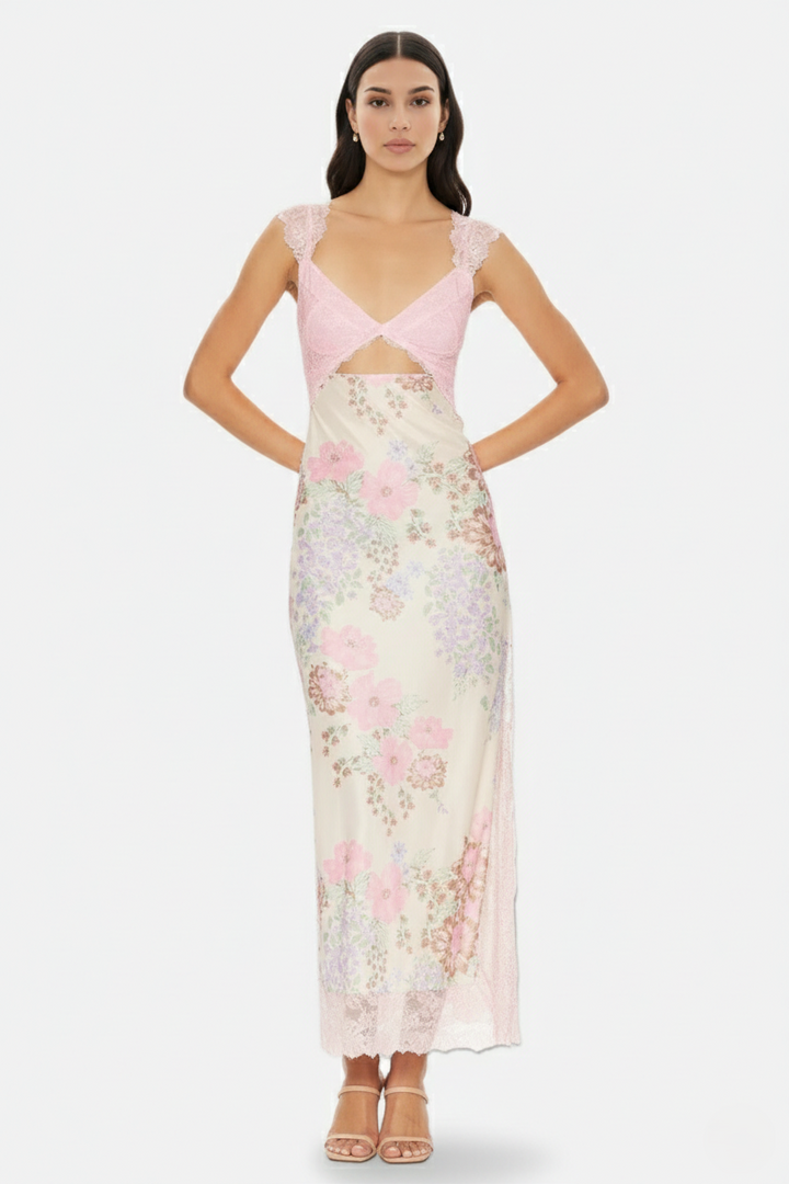 Floral Lace Trim Slip Maxi Dress Side Slit