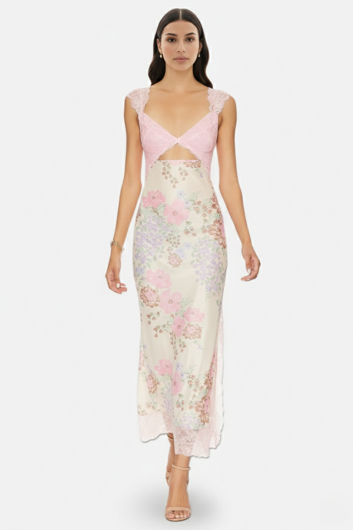 Floral Lace Trim Slip Maxi Dress Side Slit
