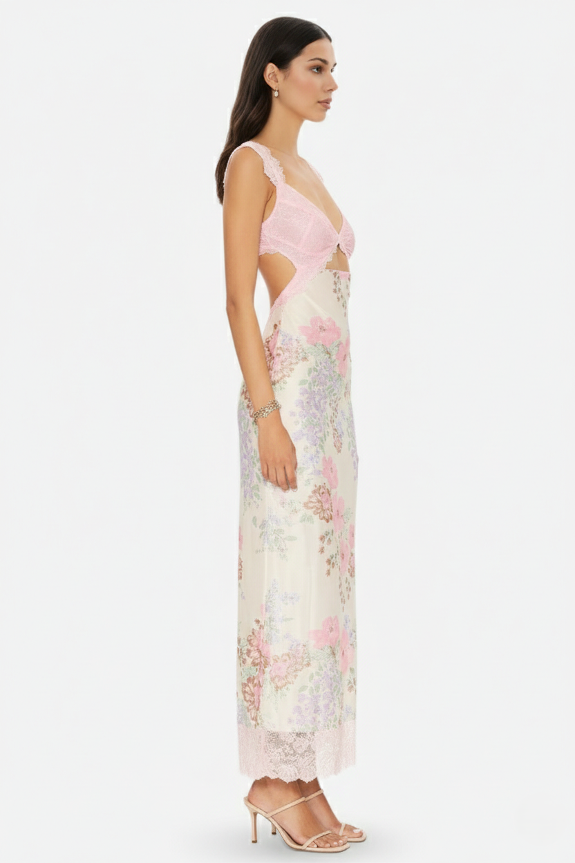Floral Lace Trim Slip Maxi Dress Side Slit