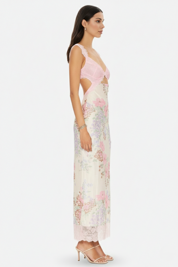 Floral Lace Trim Slip Maxi Dress Side Slit