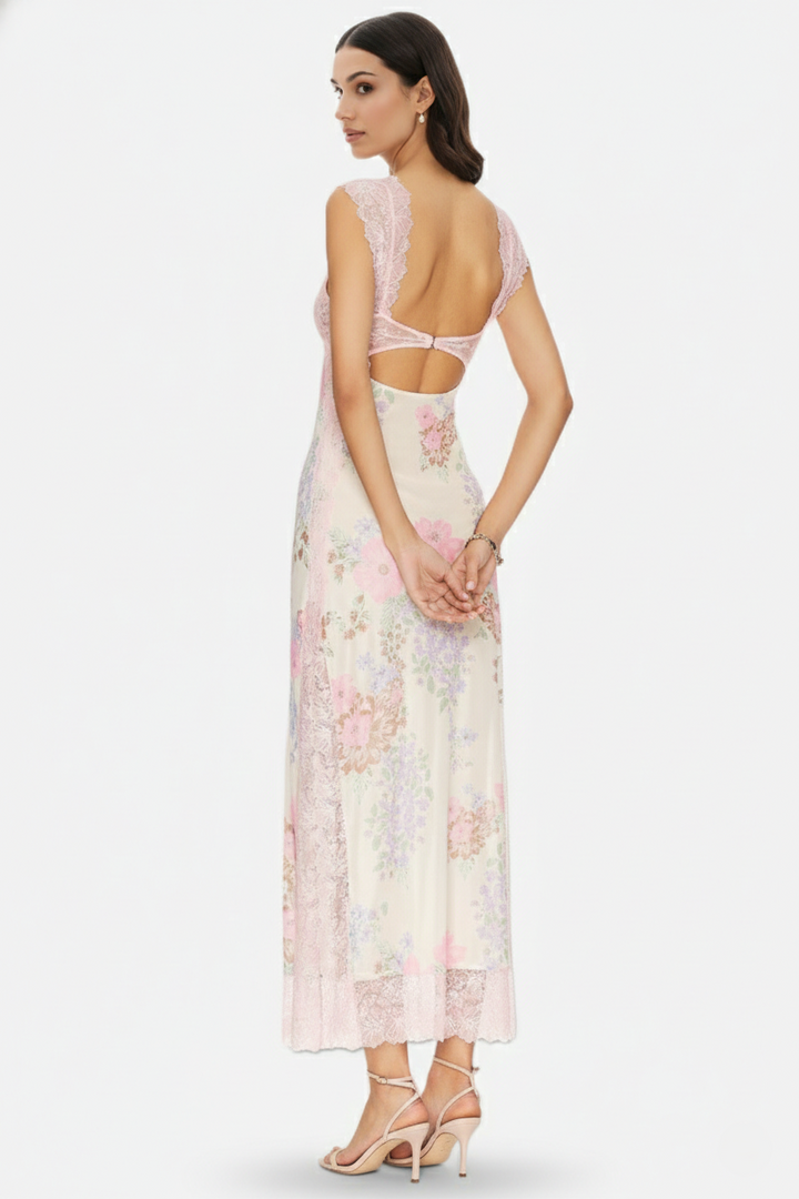Floral Lace Trim Slip Maxi Dress Side Slit