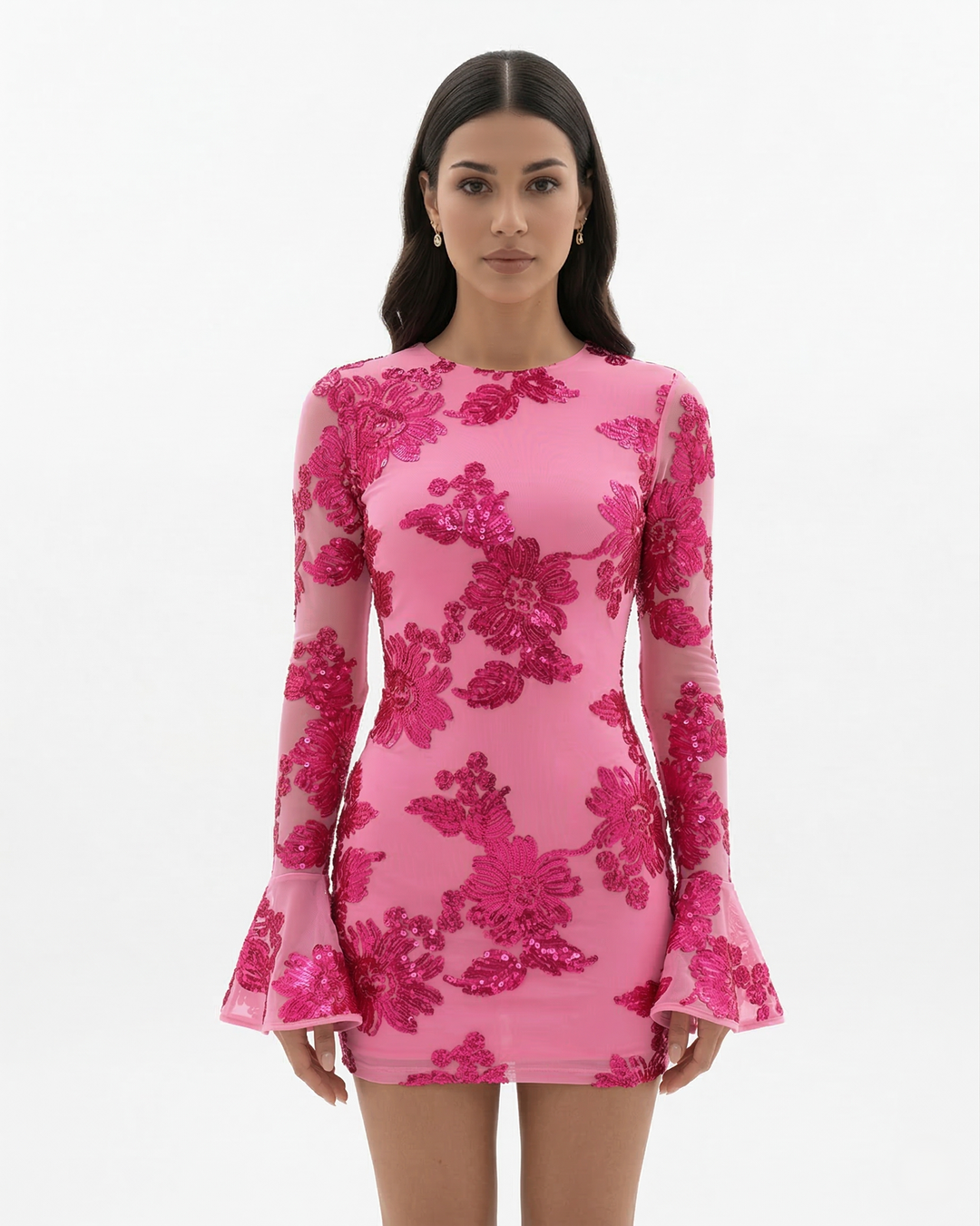 Floral Mesh Mini Dress Long Sleeve Open Back Flared Cuff