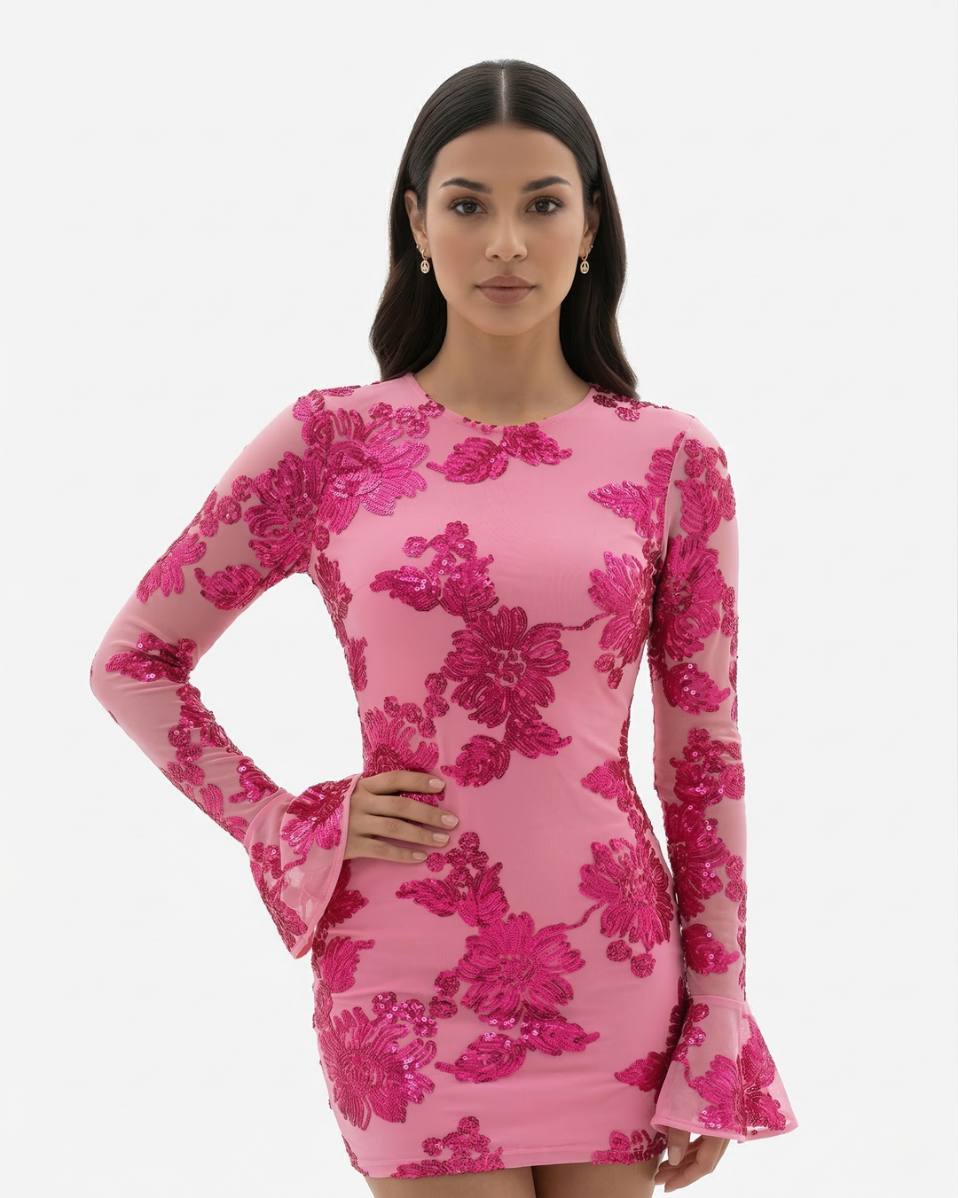Floral Mesh Mini Dress Long Sleeve Open Back Flared Cuff