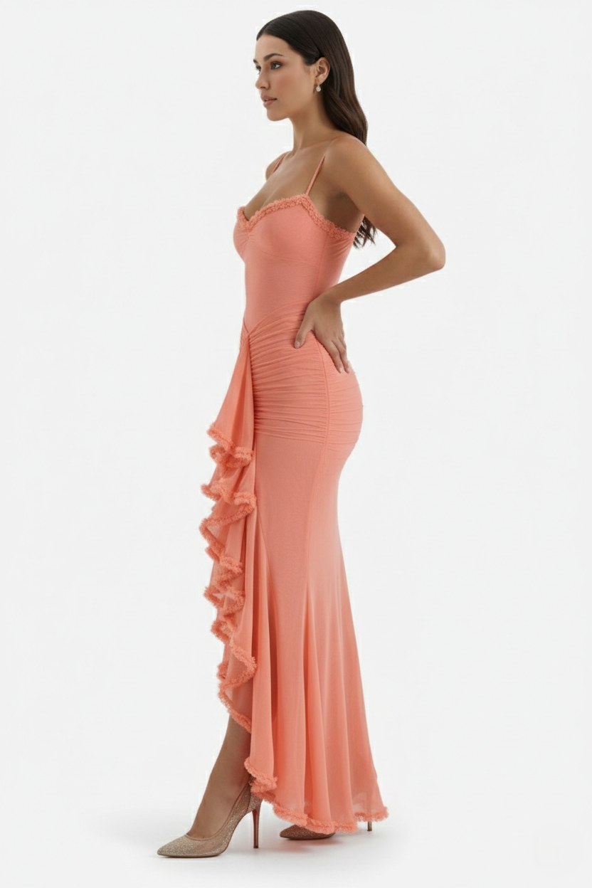 Evening Gown Ruched Mesh Ruffle Assymetrical Hem