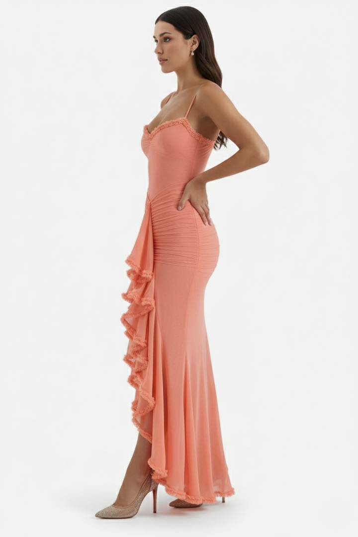 Evening Gown Ruched Mesh Ruffle Assymetrical Hem