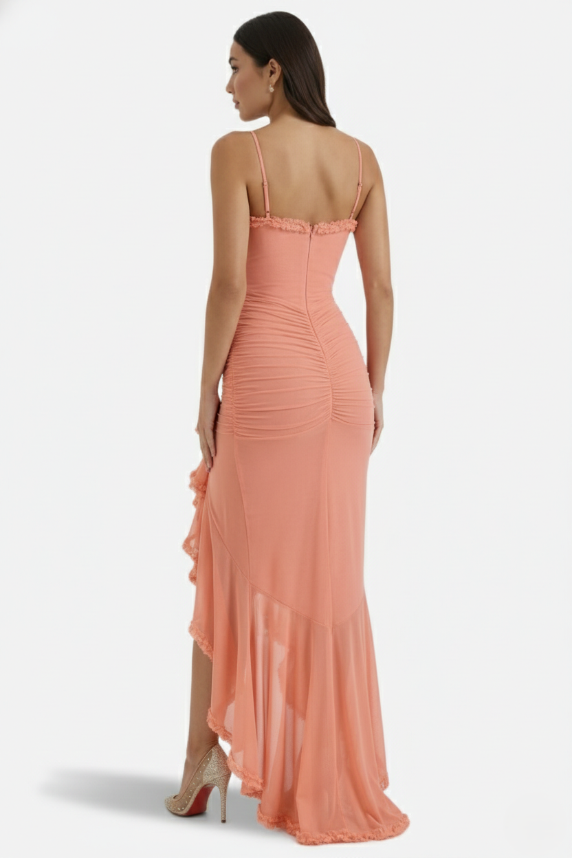 Evening Gown Ruched Mesh Ruffle Assymetrical Hem