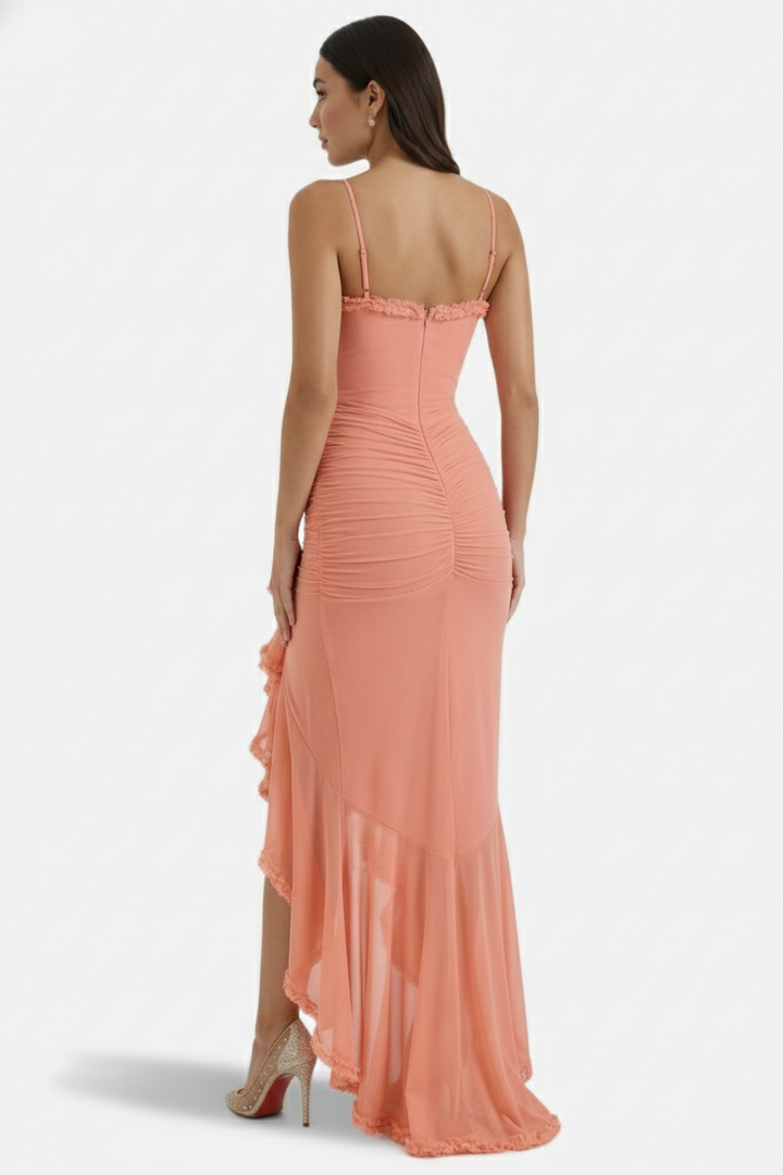 Evening Gown Ruched Mesh Ruffle Assymetrical Hem