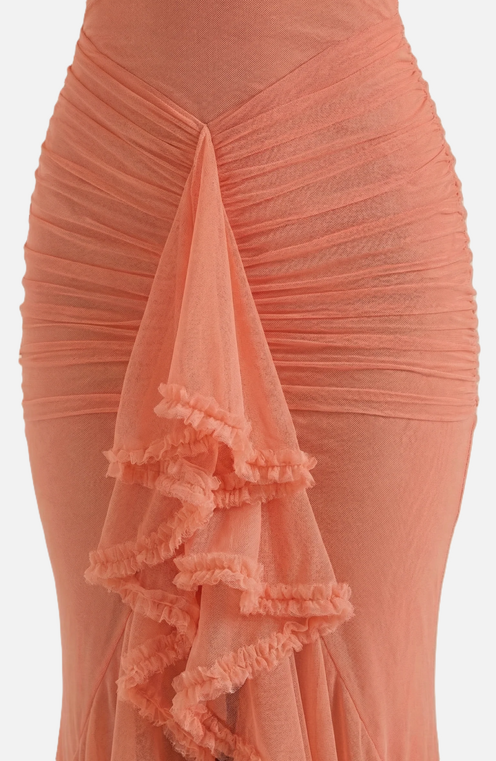 Evening Gown Ruched Mesh Ruffle Assymetrical Hem