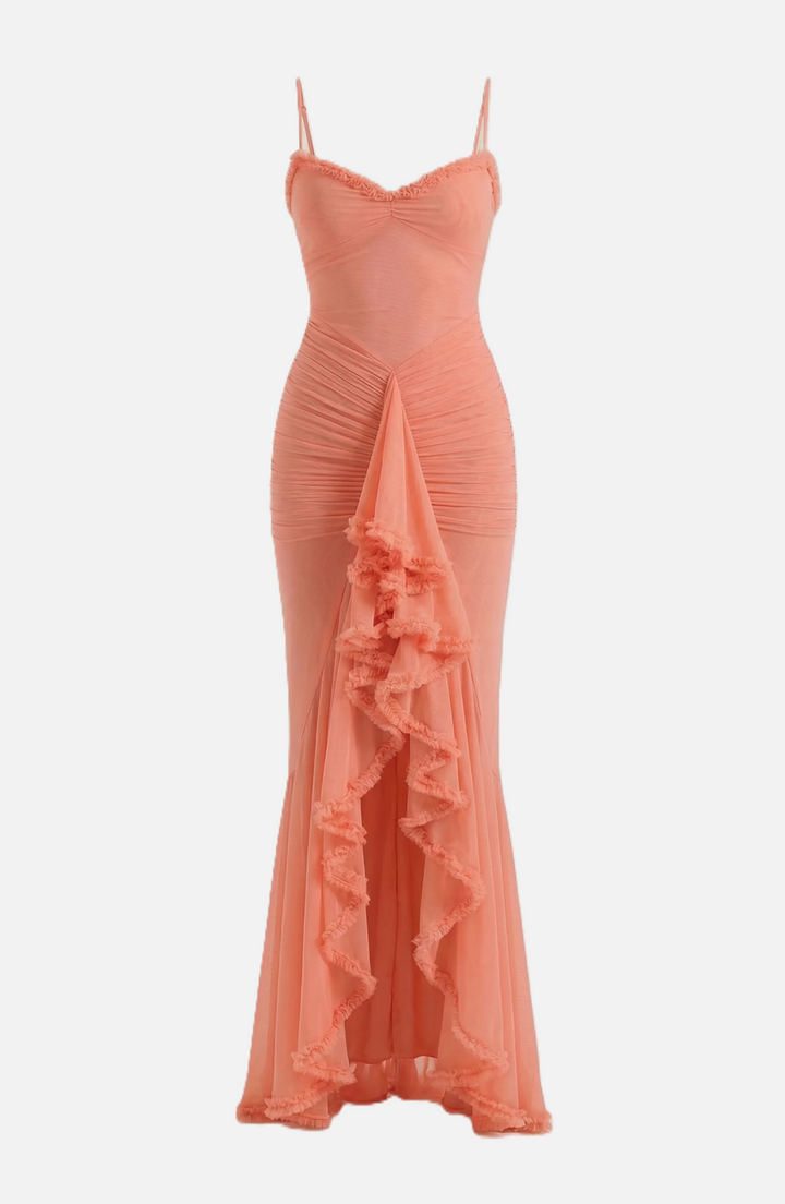 Evening Gown Ruched Mesh Ruffle Assymetrical Hem