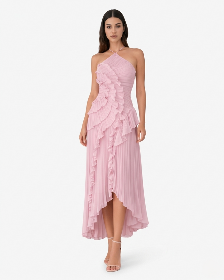 Pleated Ruffle Halter Neck Maxi Dress Asymmetrical Hem