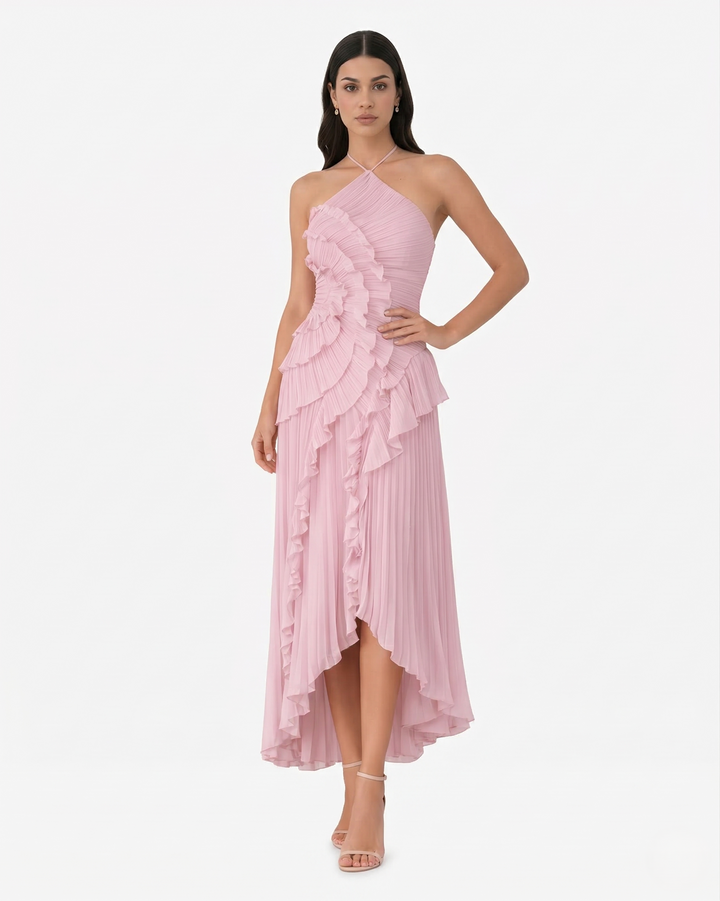 Pleated Ruffle Halter Neck Maxi Dress Asymmetrical Hem