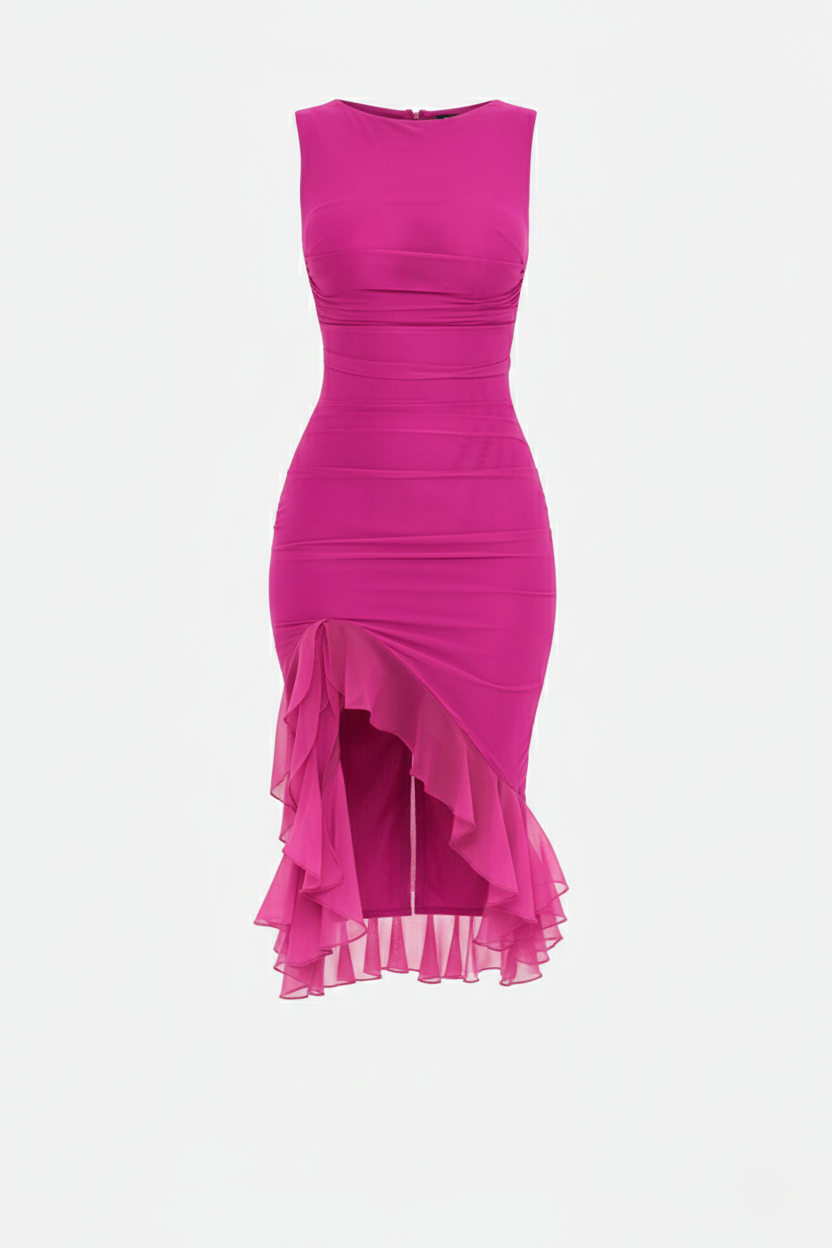 Ruched Sleeveless Bodycon Midi Dress Ruffle Side Slit