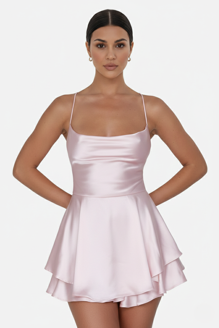 Satin Spaghetti Strap Tiered Mini Dress with Lace Up Back