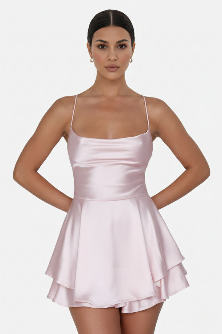 Satin Spaghetti Strap Tiered Mini Dress with Lace Up Back