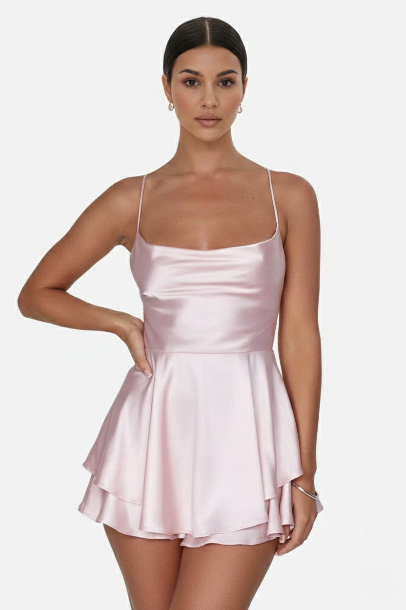 Satin Spaghetti Strap Tiered Mini Dress with Lace Up Back