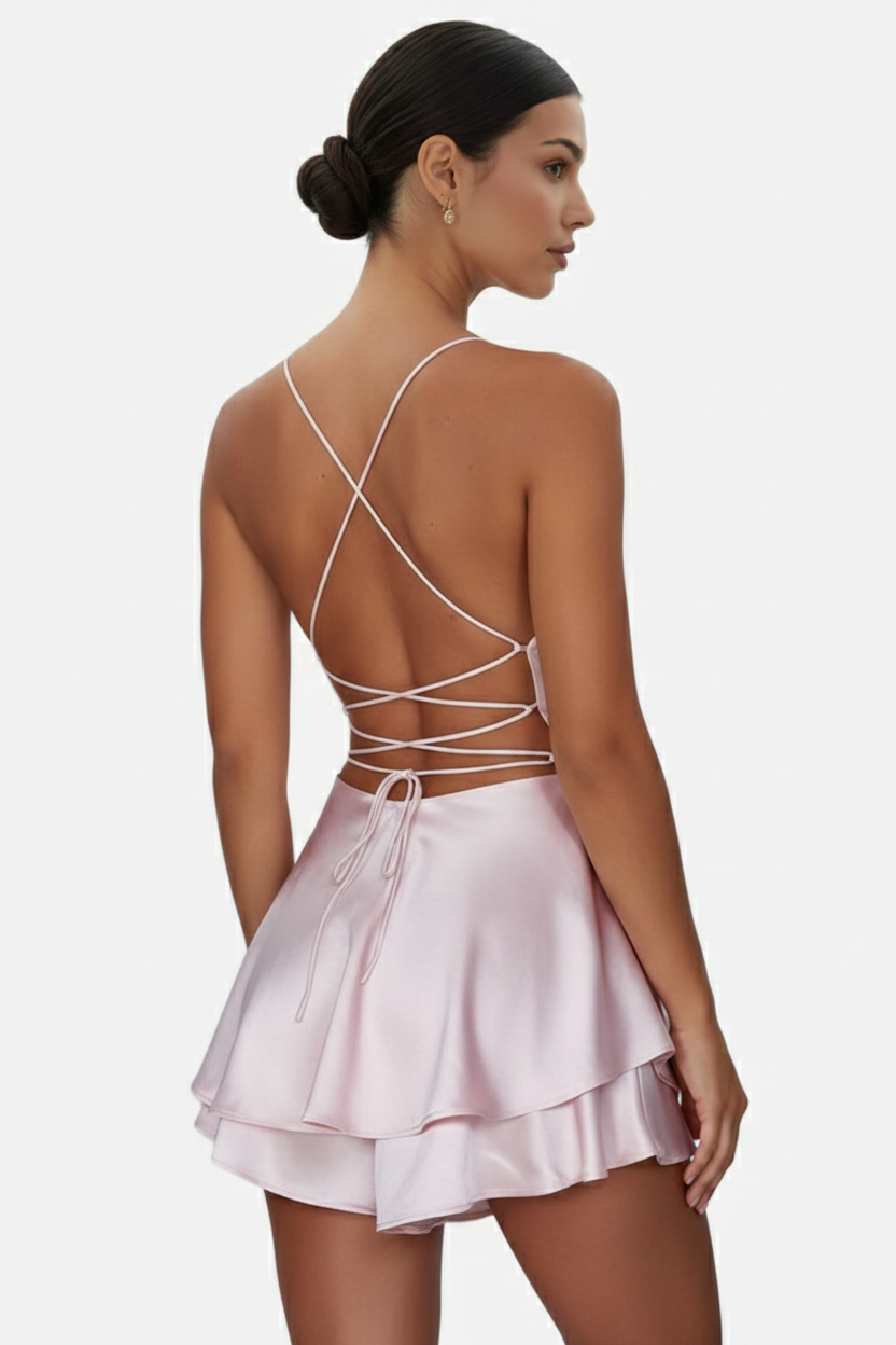 Satin Spaghetti Strap Tiered Mini Dress with Lace Up Back