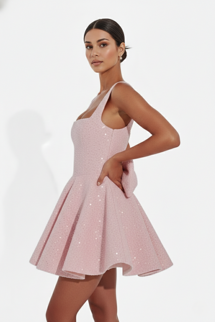 Sequin Square Neck Mini Dress with Structured Skirt and Bow Back Detail