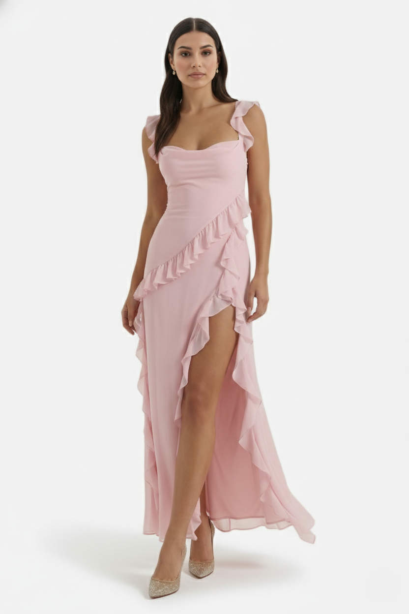 Sleeveless Ruffle Trim Maxi Dress with Front Slit