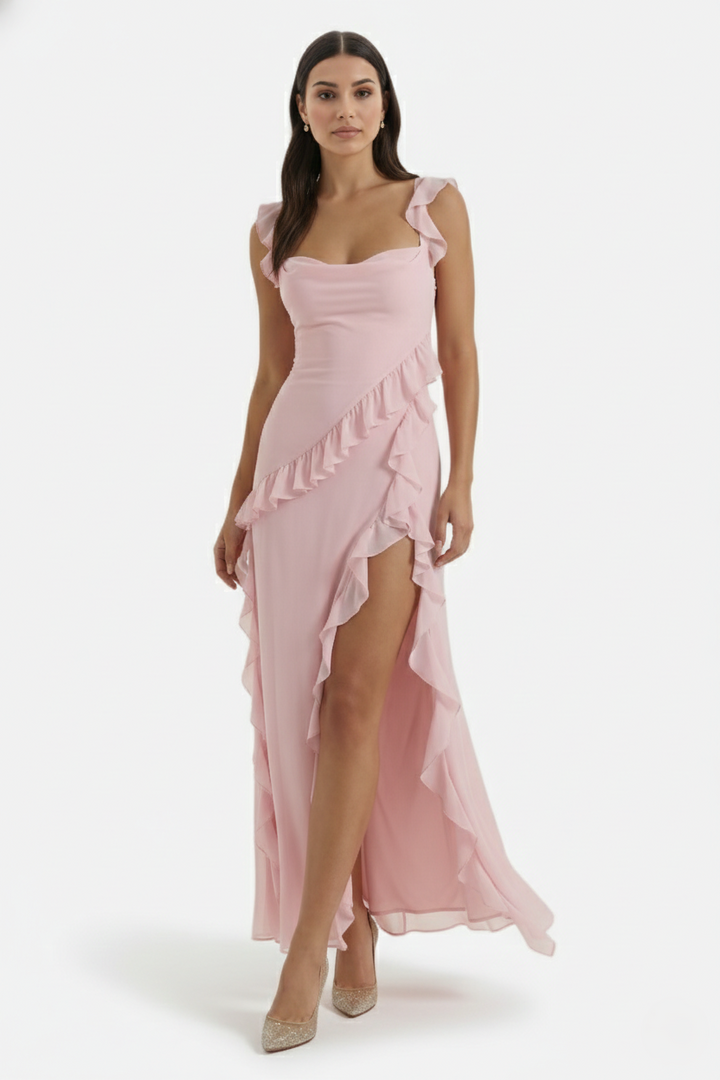 Sleeveless Ruffle Trim Maxi Dress with Front Slit