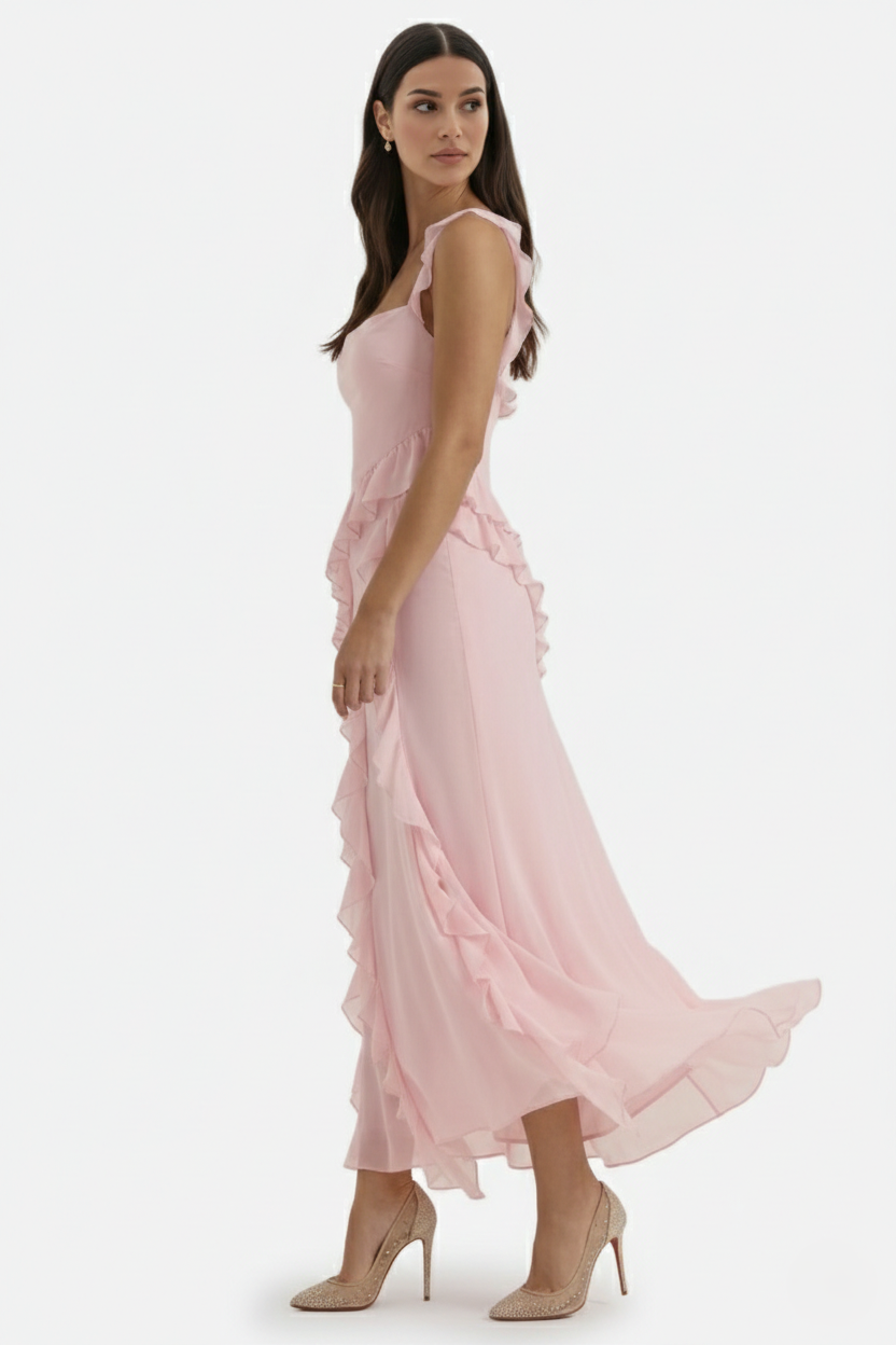 Sleeveless Ruffle Trim Maxi Dress with Front Slit