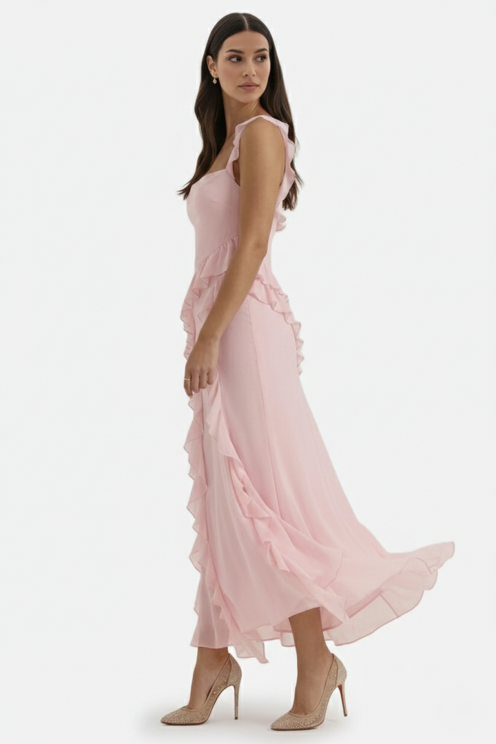 Sleeveless Ruffle Trim Maxi Dress with Front Slit