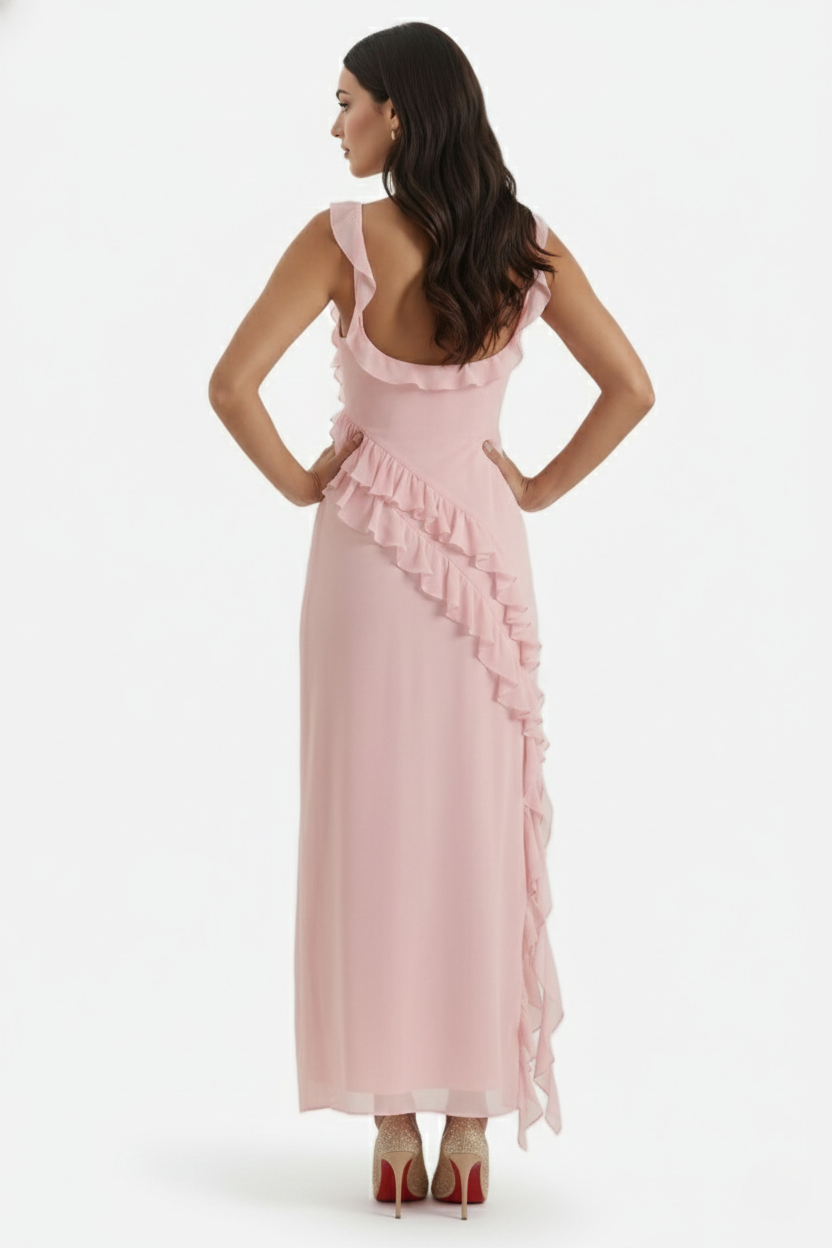 Sleeveless Ruffle Trim Maxi Dress with Front Slit