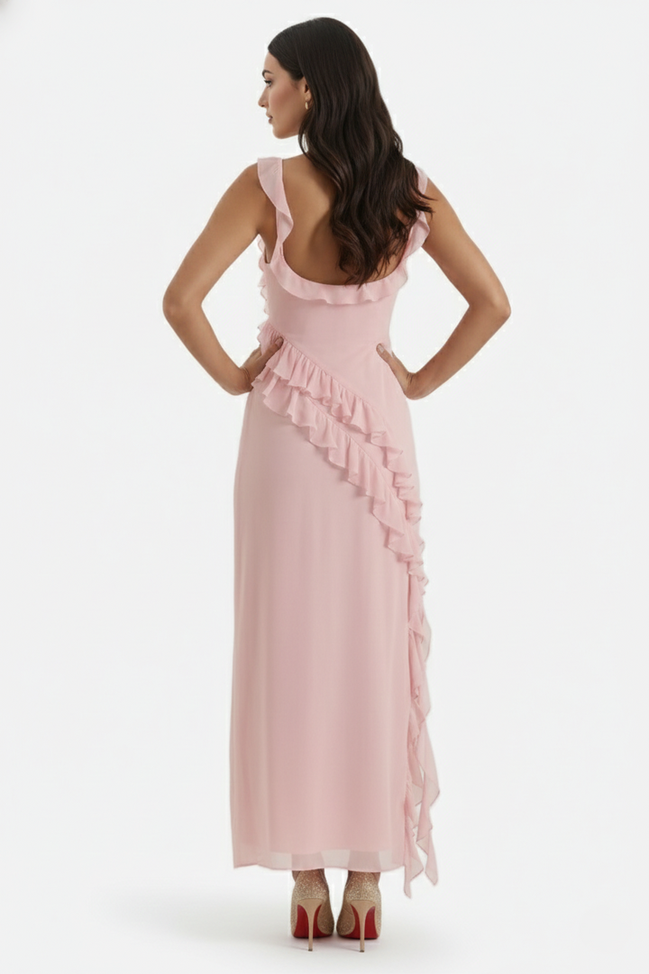 Sleeveless Ruffle Trim Maxi Dress with Front Slit